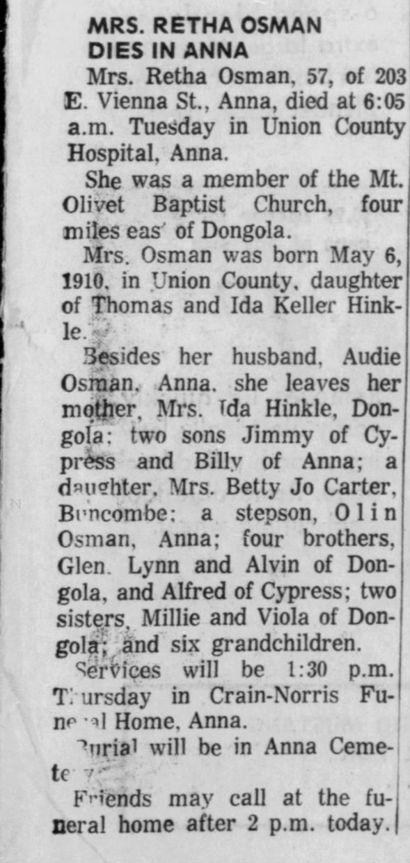 Retha Hinkle Osman death: Southern Illinoisan (Carbondale), 6 Sept 1967, Wednesday, pg 9